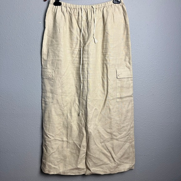 Studio JPR Linen Skirt Drawstring Waist Cargo Pockets Midi Beige Gorpcore M - Picture 1 of 9